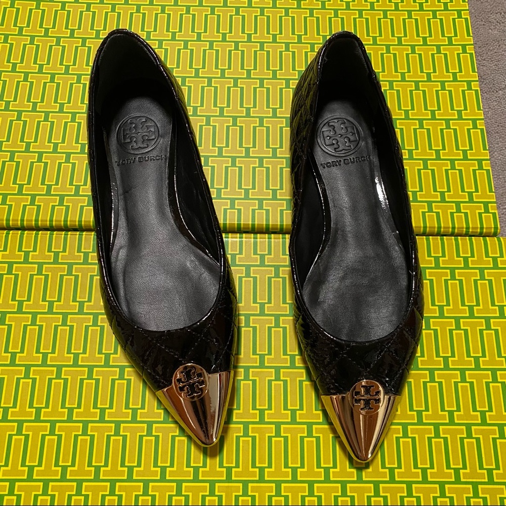 New Tory Burch Quilted Black Patent Leather Pointed Toe Flats size 5